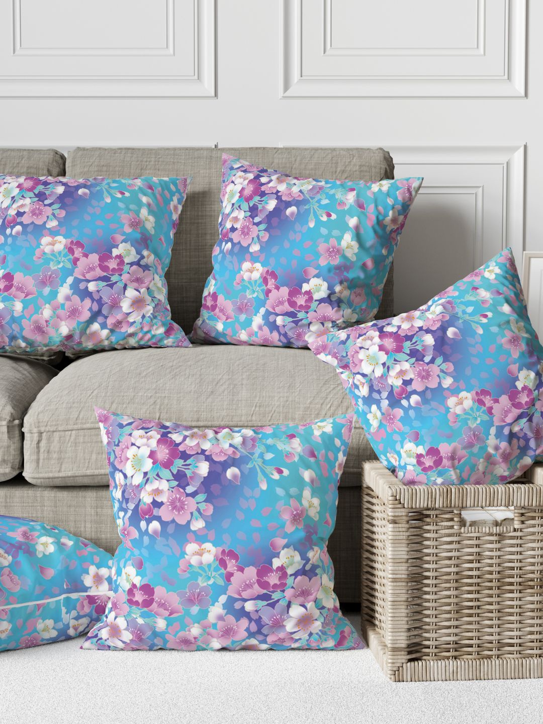 

THEYAYACAFE Blue & Pink 5 Pieces Floral Printed Cotton Square Cushion Covers