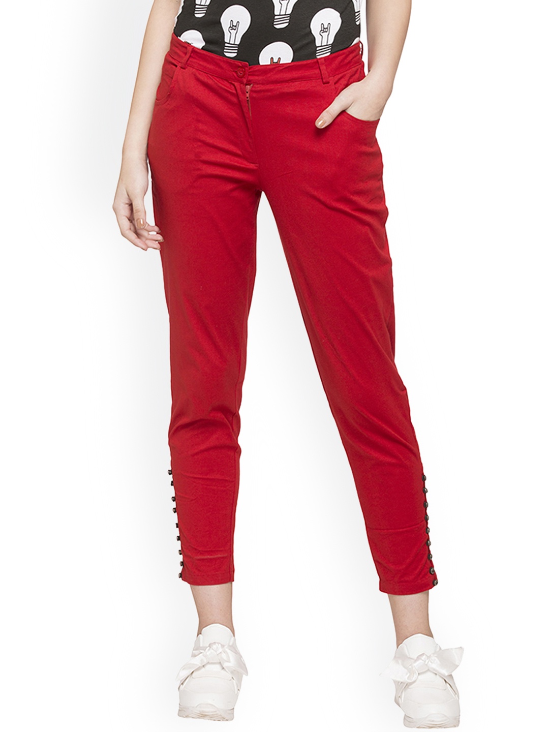 

Globus Women Red Skinny Fit Solid Cigarette Trousers