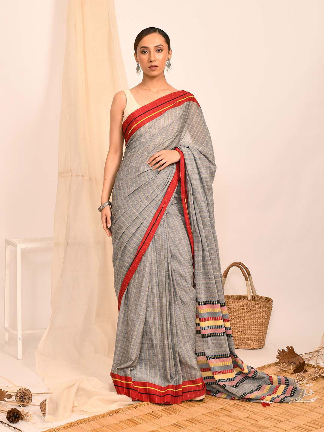 

Indethnic Striped Pure Cotton Jamdani Saree, Grey