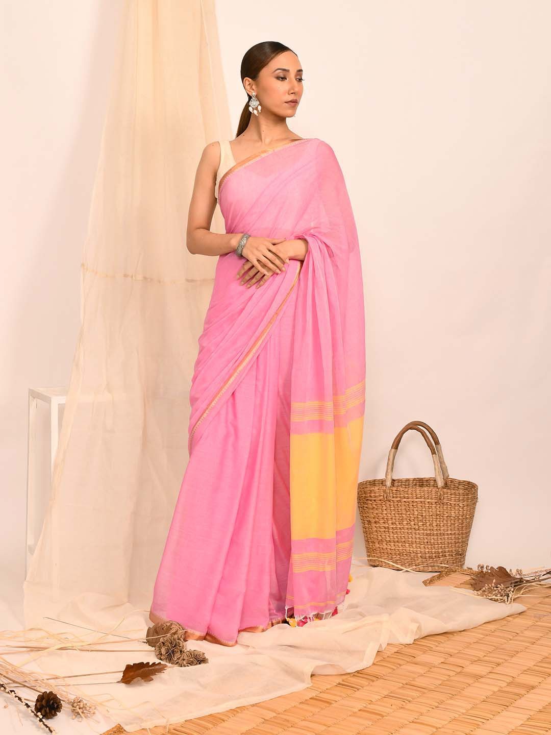 

Indethnic Colourblocked Pure Cotton Jamdani Saree, Pink