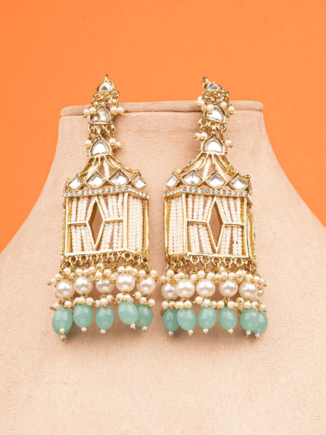 

Crunchy Fashion Gold-Plated Stone-Studded & Beaded Contemporary Drop Earrings & Ear Chain