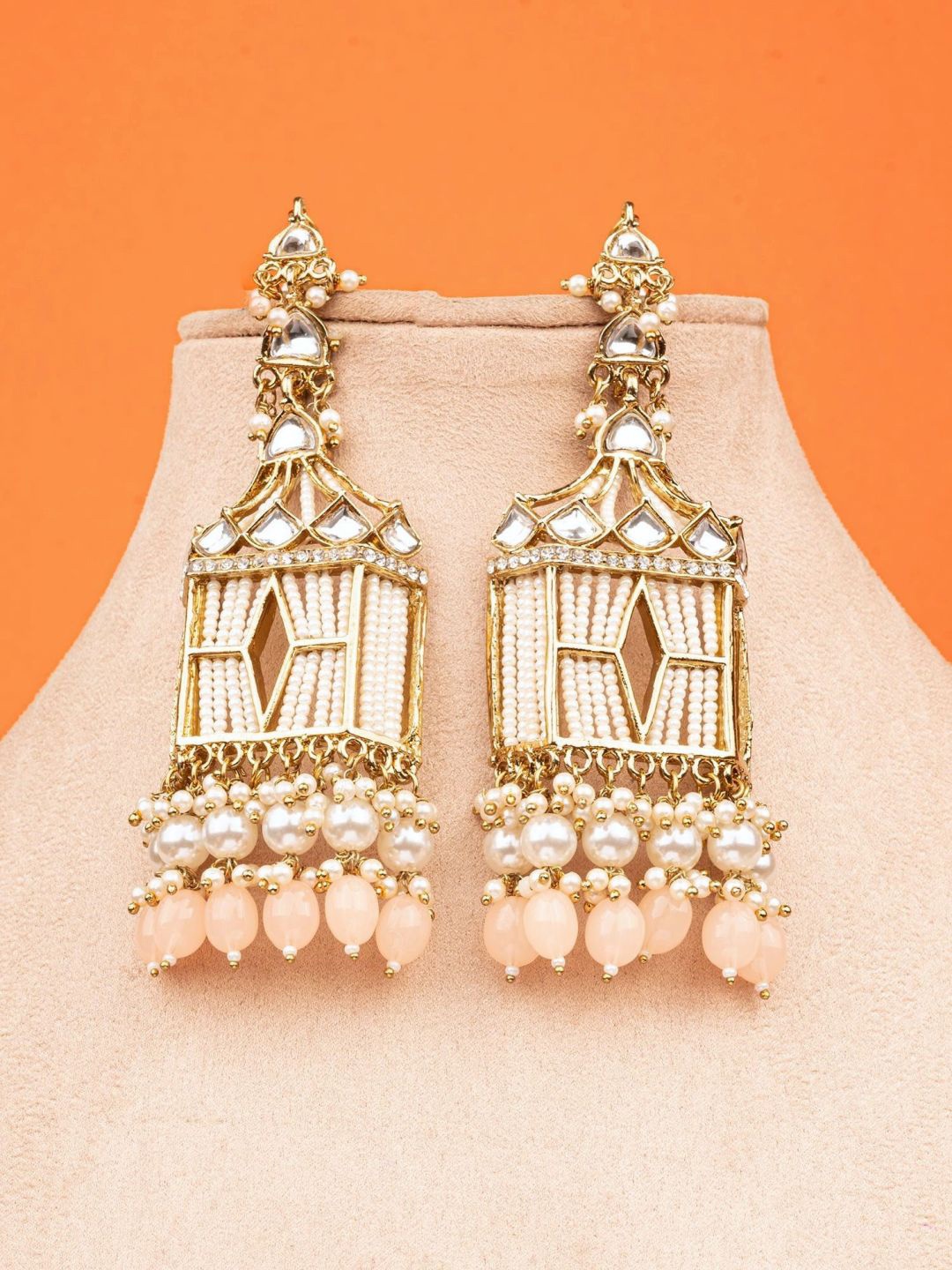 

Crunchy Fashion Gold-Plated Stone-Studded & Beaded Contemporary Drop Earrings & Ear Chain