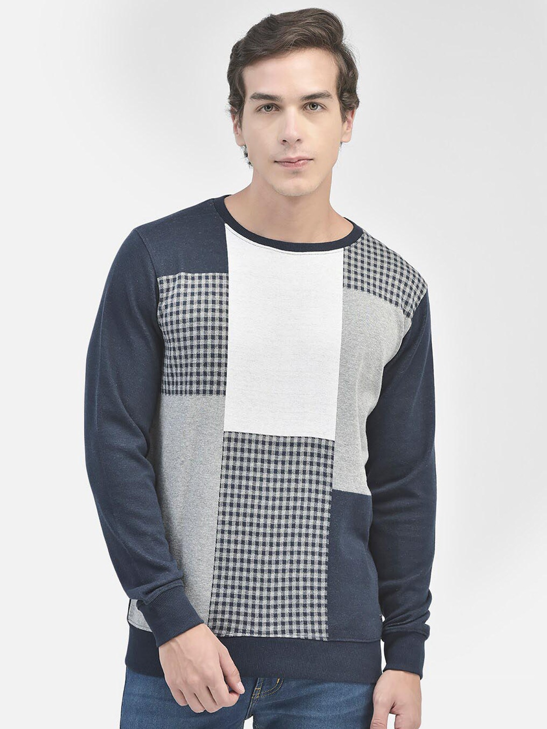 

Crimsoune Club Colourblocked Round Neck Long Sleeves Pullover Sweatshirt, Navy blue