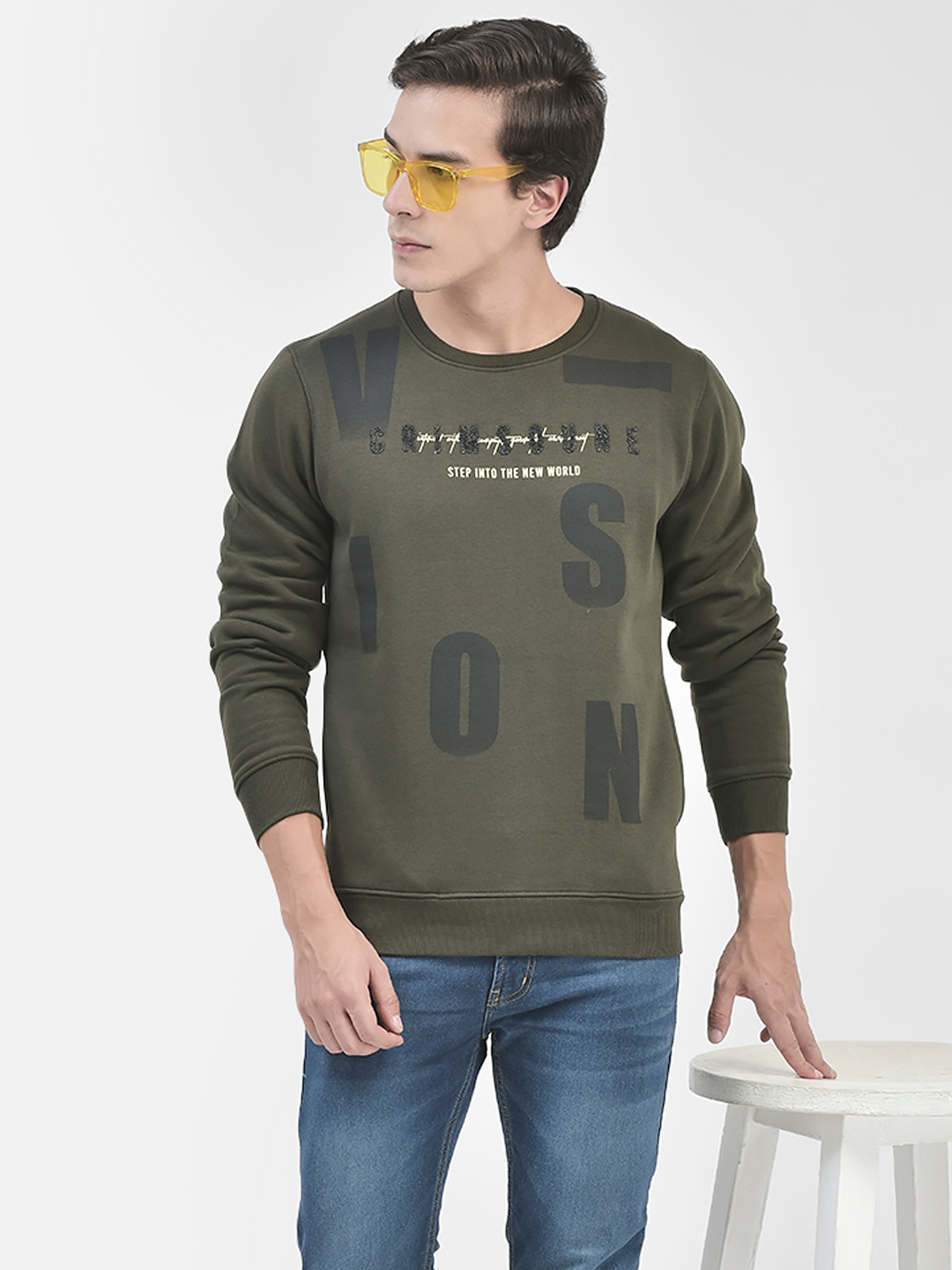 Crimsoune Club Typography Printed Round Neck Pullover, Olive