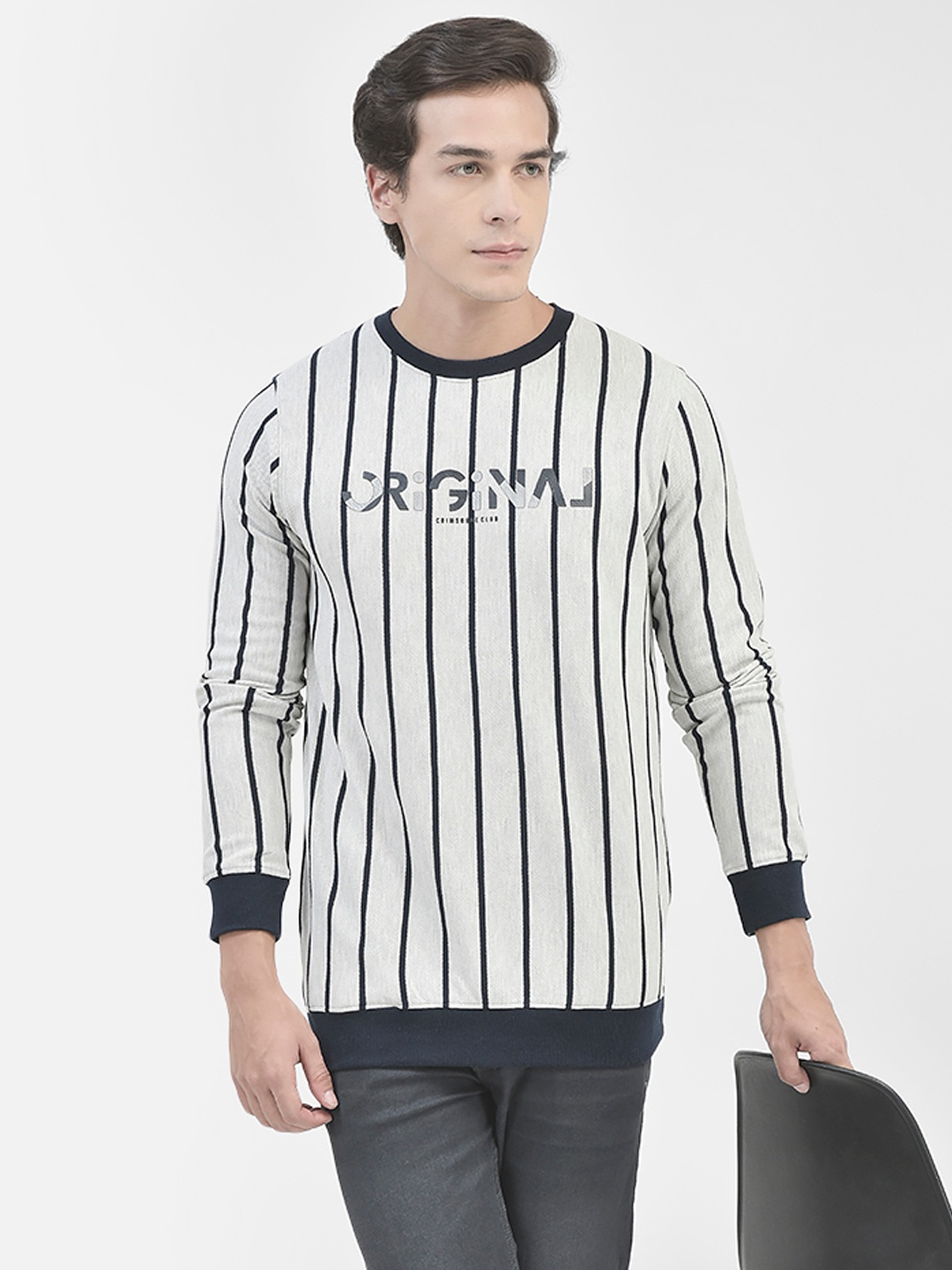 

Crimsoune Club Striped Round Neck Sweatshirt, Grey