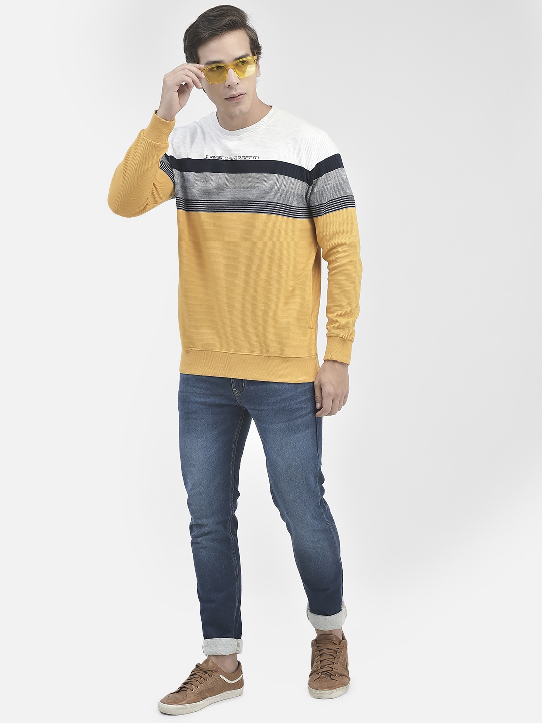 

Crimsoune Club Striped Round Neck Pullover, Mustard