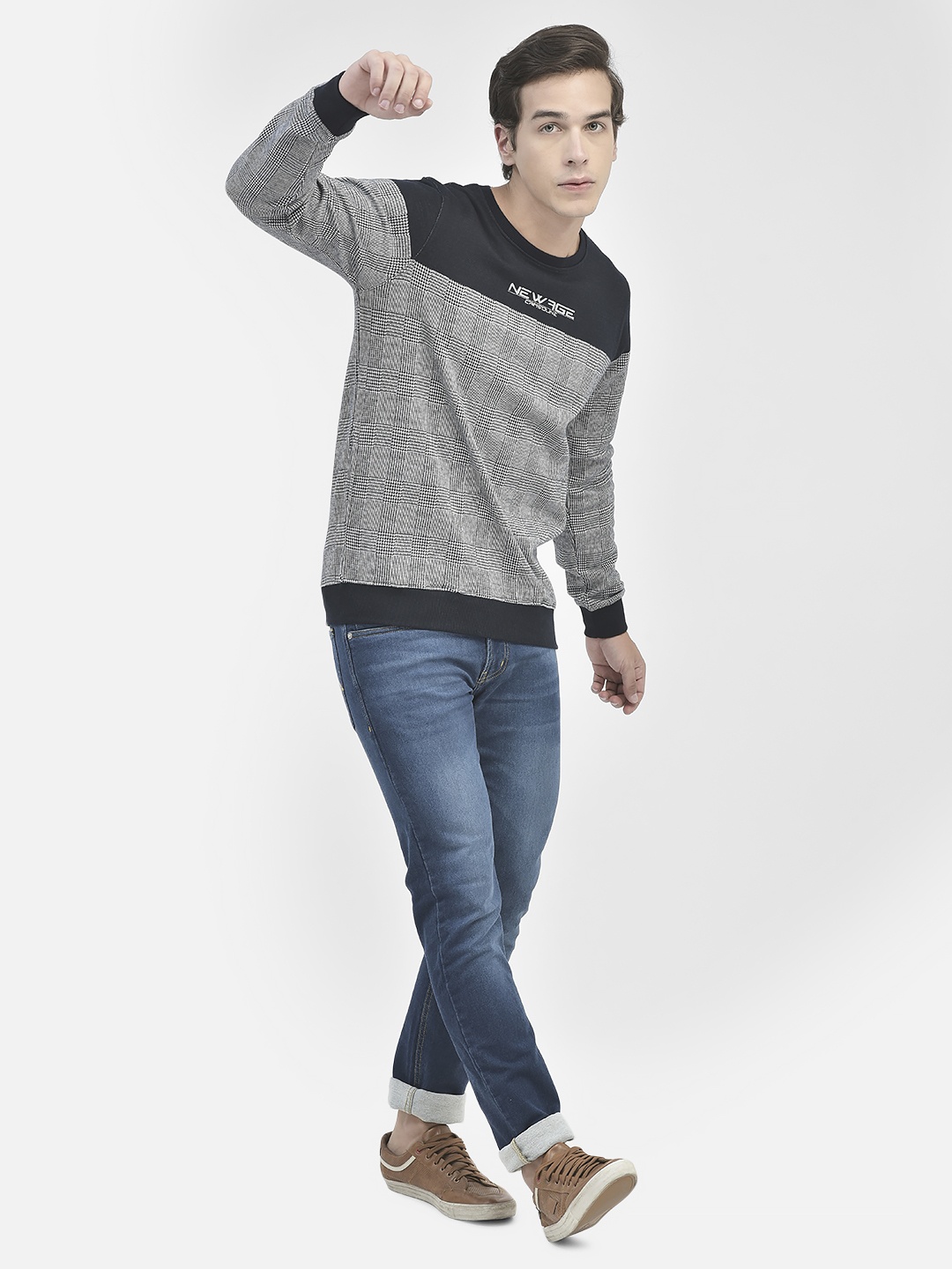 

Crimsoune Club Checked Round Neck Sweatshirt, Navy blue