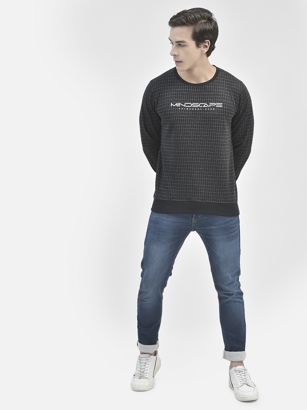 

Crimsoune Club Round Neck Checked Pullover Sweatshirt, Black