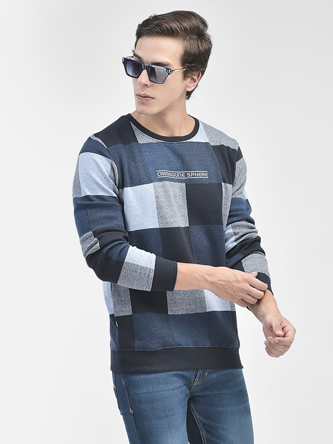 

Crimsoune Club Checked Round Neck Pullover, Navy blue