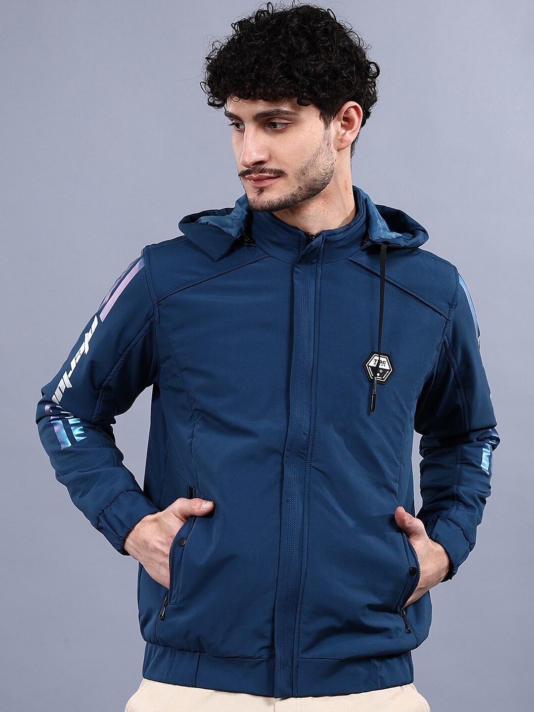 

The Indian Garage Co Blue Lightweight Hooded Bomber Jacket