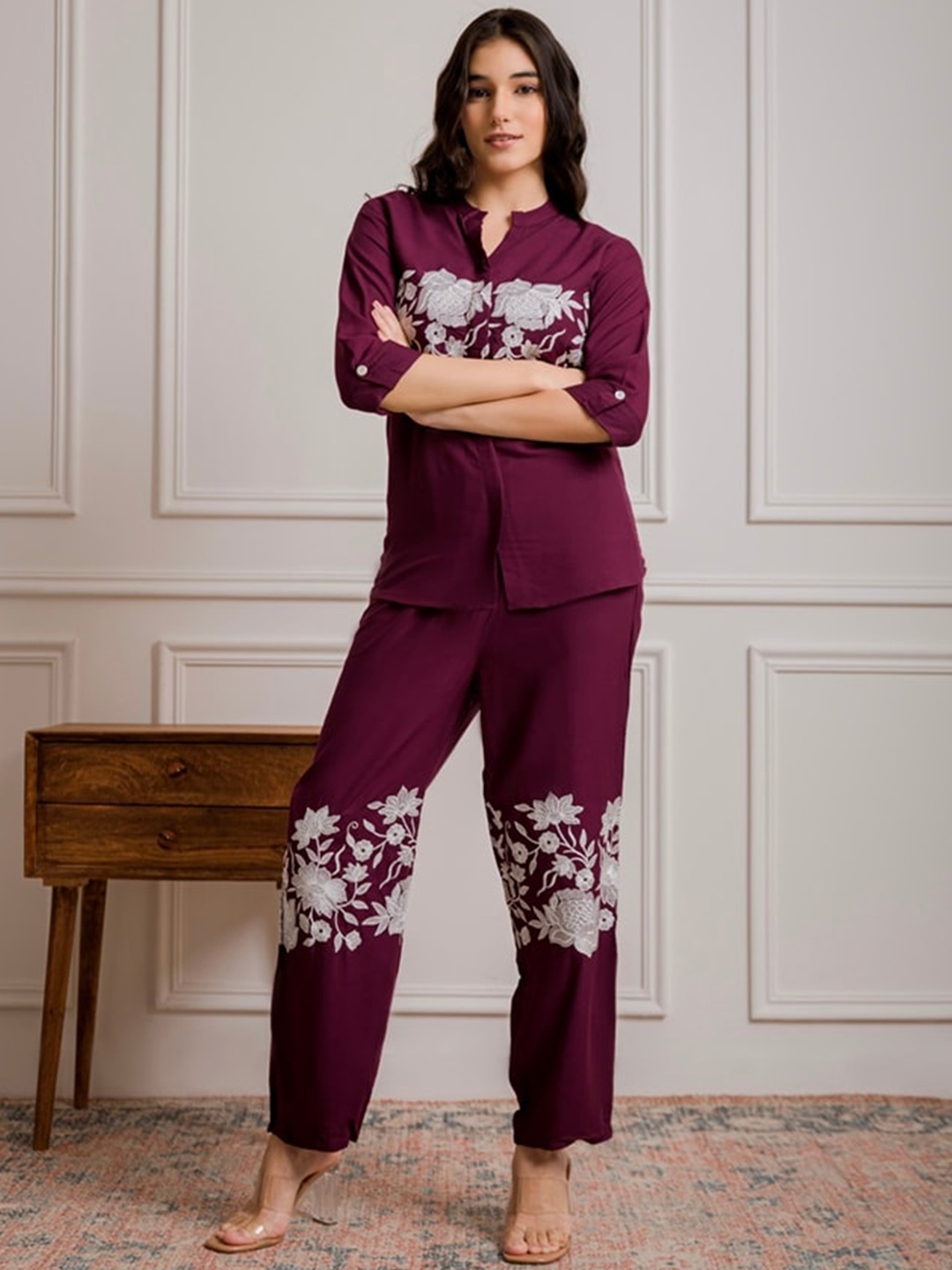 

Molly & Michel Floral Printed Mandarin Collar Shirt & Trousers, Burgundy