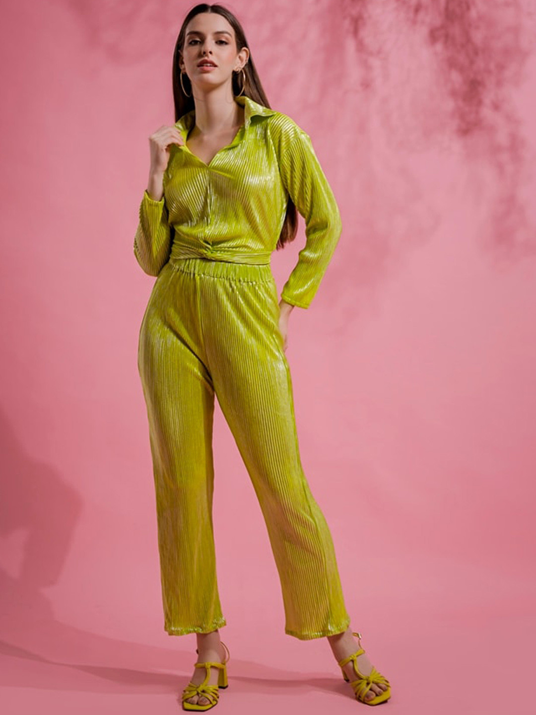 

Molly & Michel Self Designed Tie-Up Shirt Collar Top With Trousers, Green
