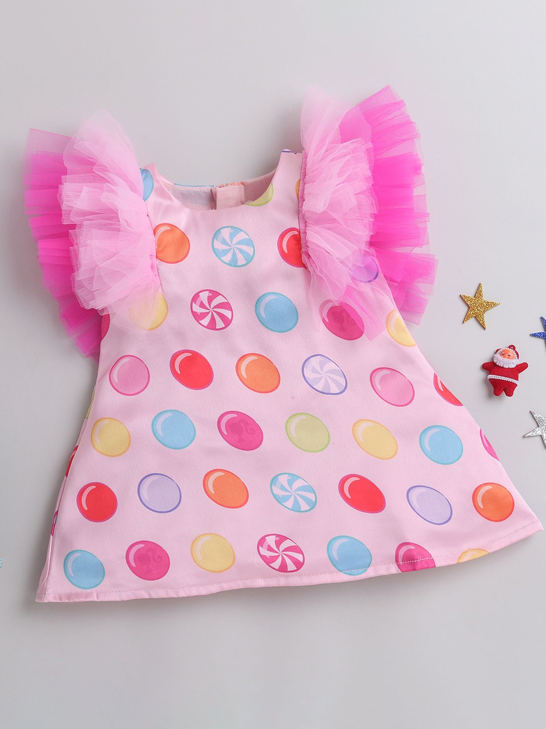 

MANY FROCKS & Girls Geometric Printed Flutter Sleeves A-Line Dress, Pink