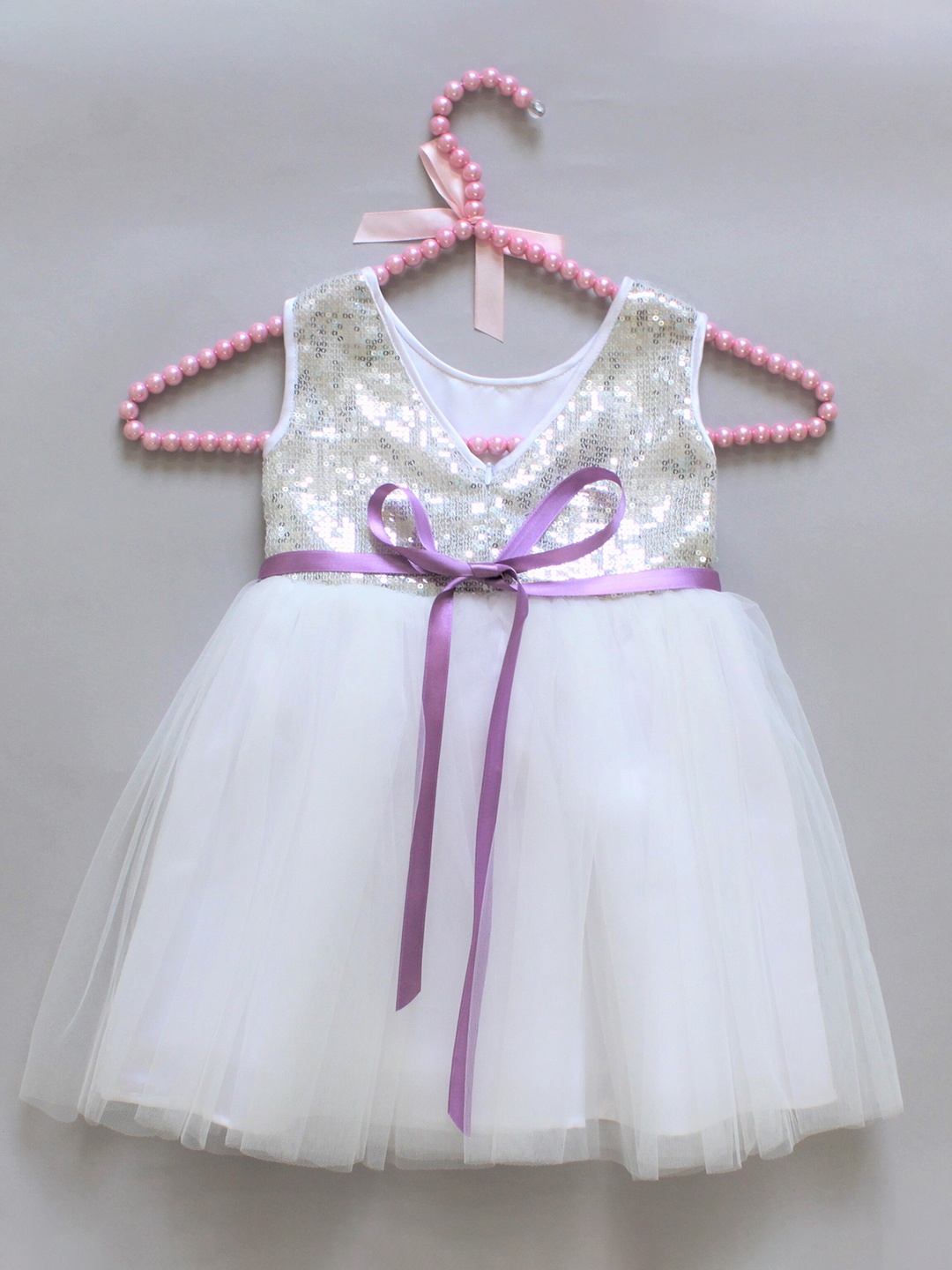

MANY FROCKS & Girls Sequined Round Neck Net Fit & Flare Dress, White