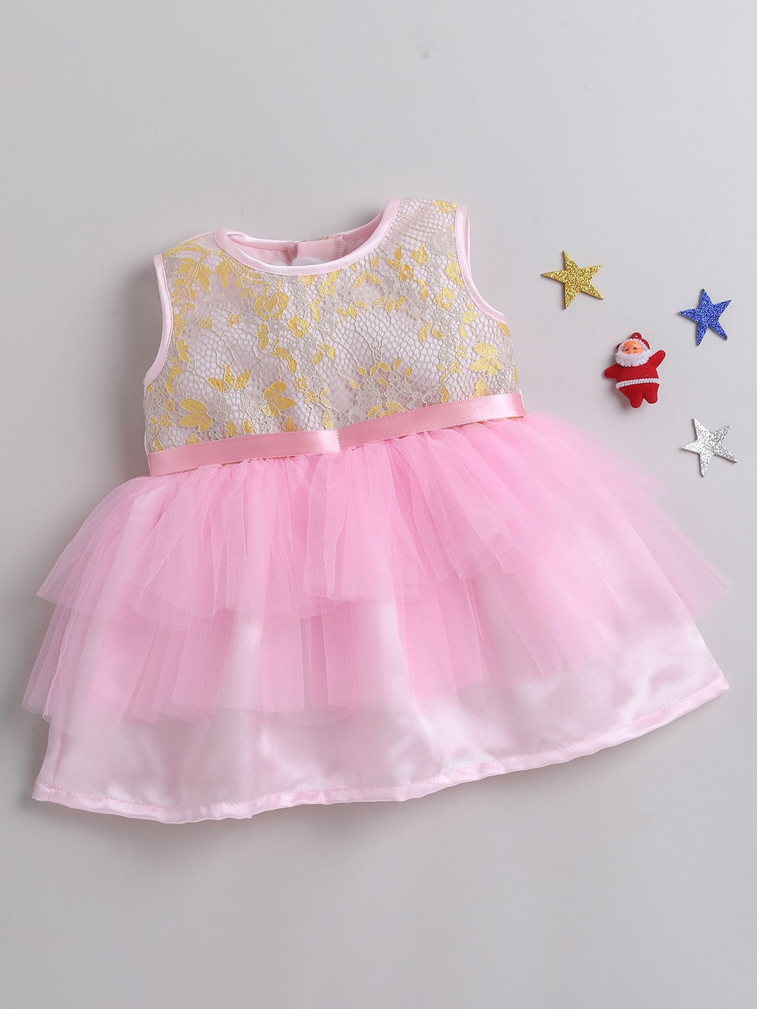 

MANY FROCKS & Girls Floral Self Design Net Fit & Flare Dress, Pink