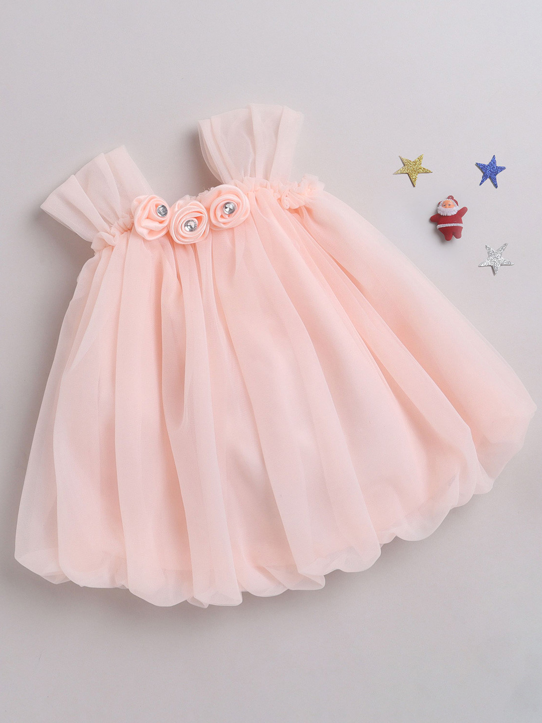 

MANY FROCKS & Girls Square Neck Net A-Line Dress, Peach