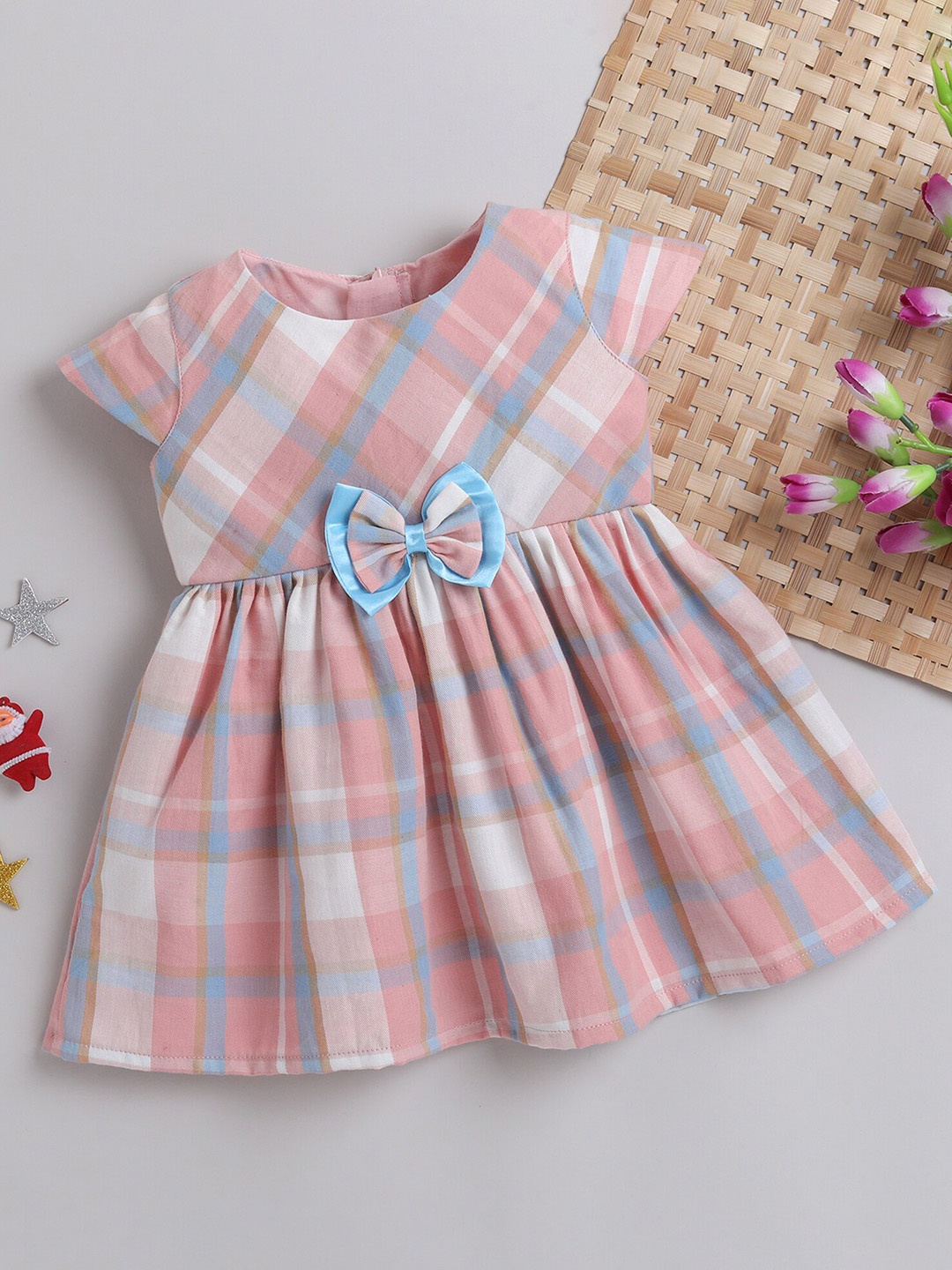 

MANY FROCKS & Girls Checked Fit & Flare Pleated Cotton Dress, Pink