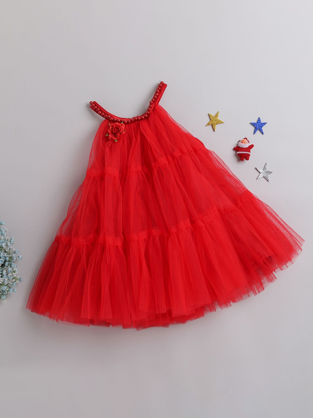 

MANY FROCKS & Girls Shoulder Straps Net A-Line Dress, Red