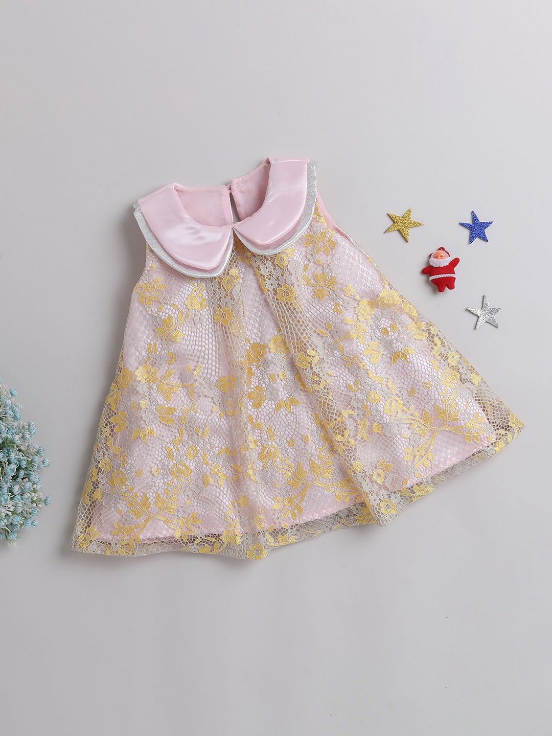 

MANY FROCKS & Girls Floral Self Design Net A-Line Dress, Pink
