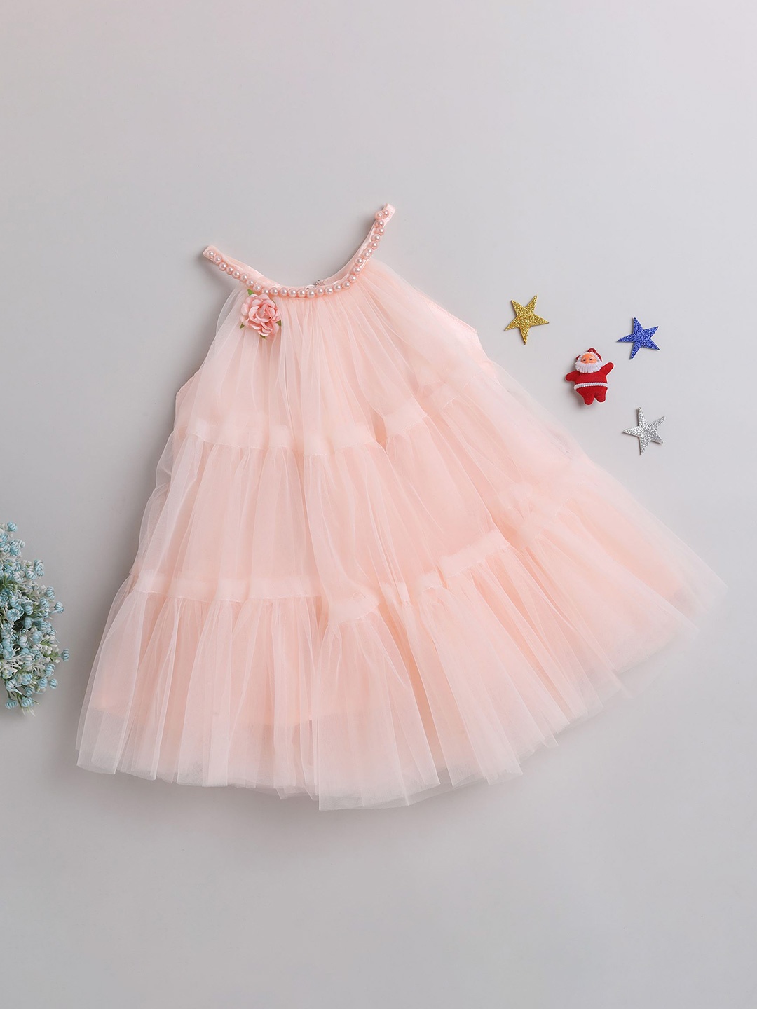 

MANY FROCKS & Girls Shoulder Straps Net Tiered A-Line Dress, Peach