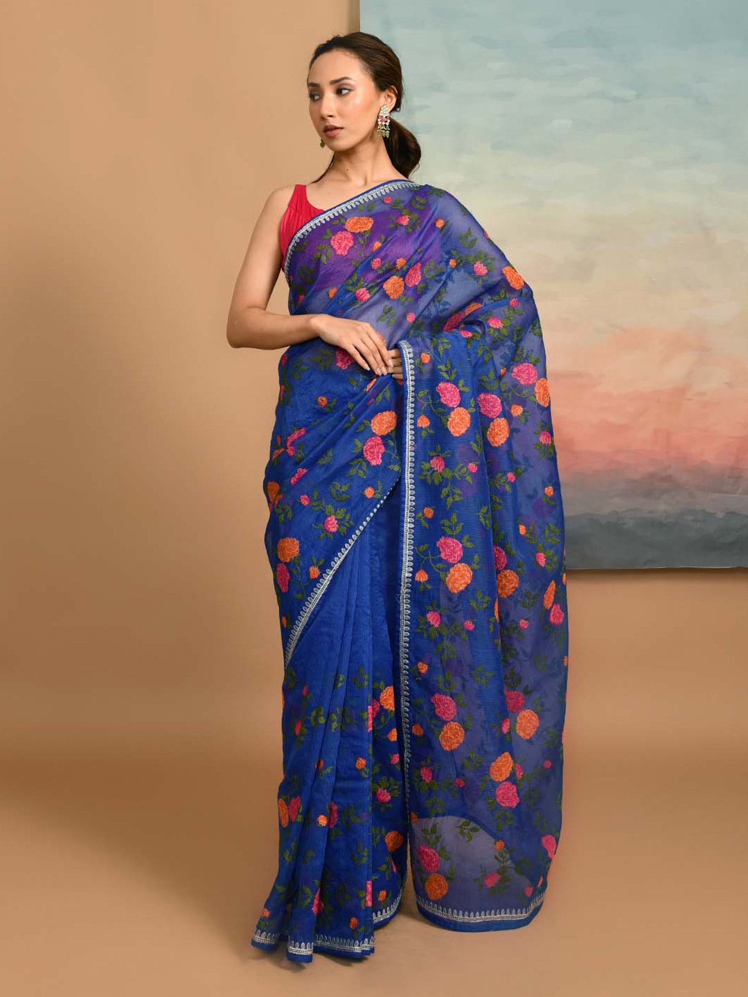 

Indethnic Floral Embroidered Kota Saree, Blue