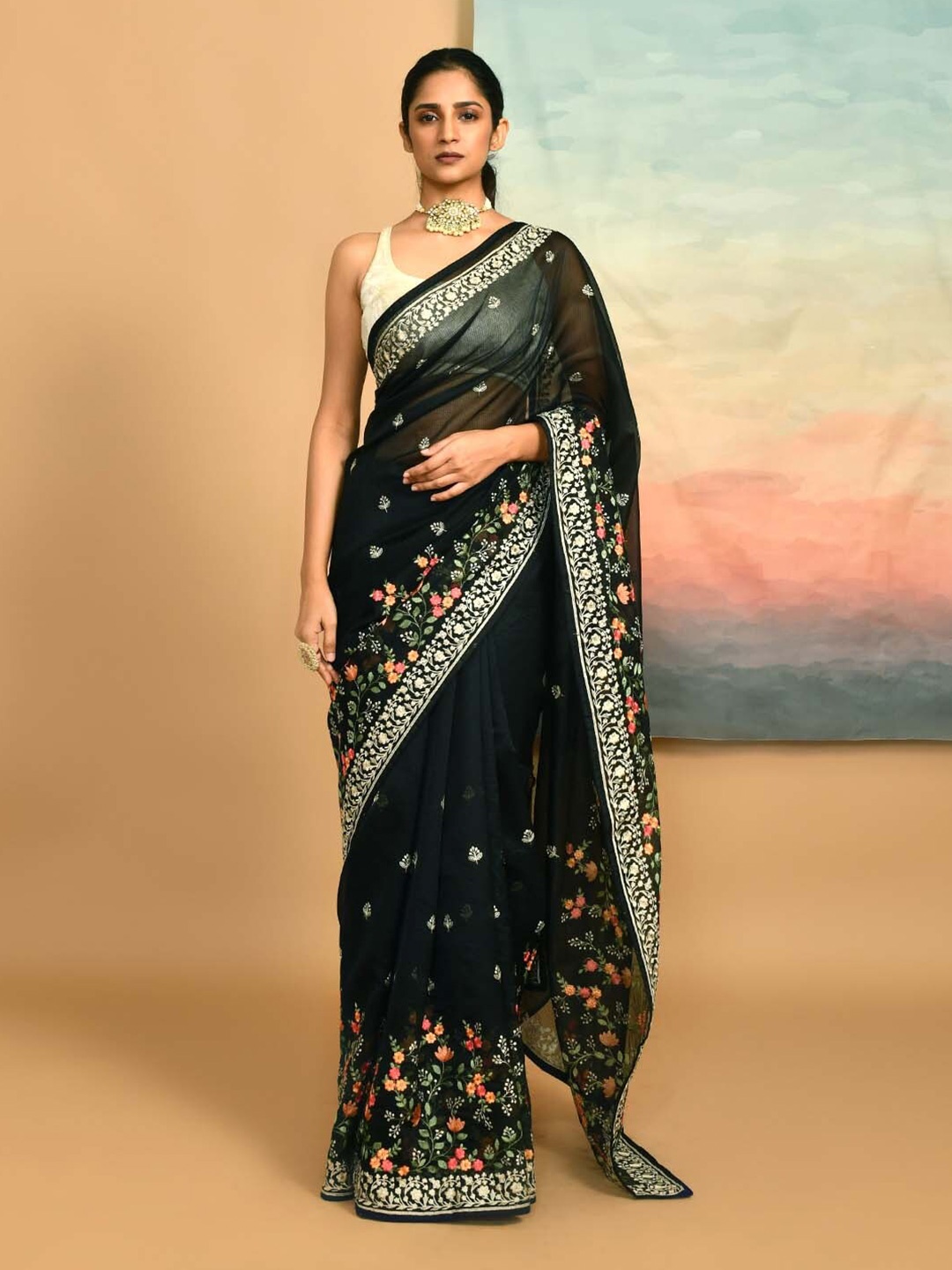 

Indethnic Floral Embroidered Supernet Saree, Black