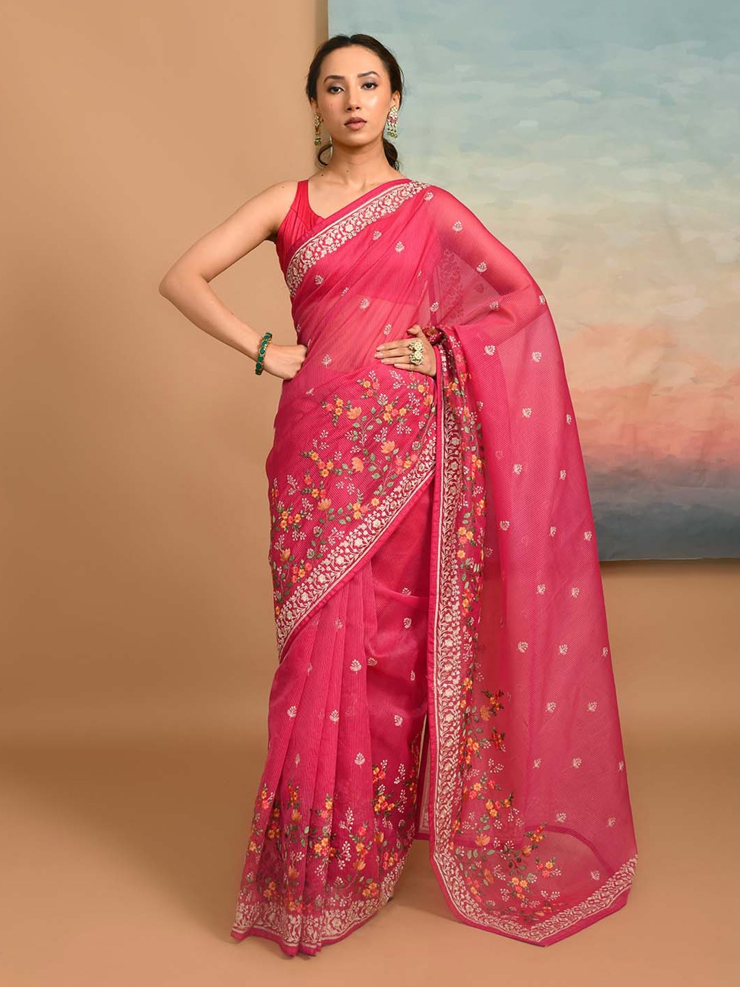 

Indethnic Floral Embroidered Kota Saree, Pink