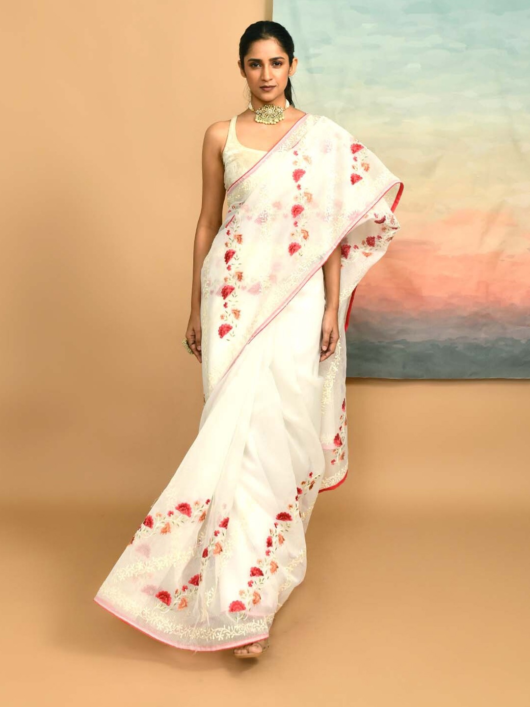 

Indethnic Floral Embroidered Kota Saree, White