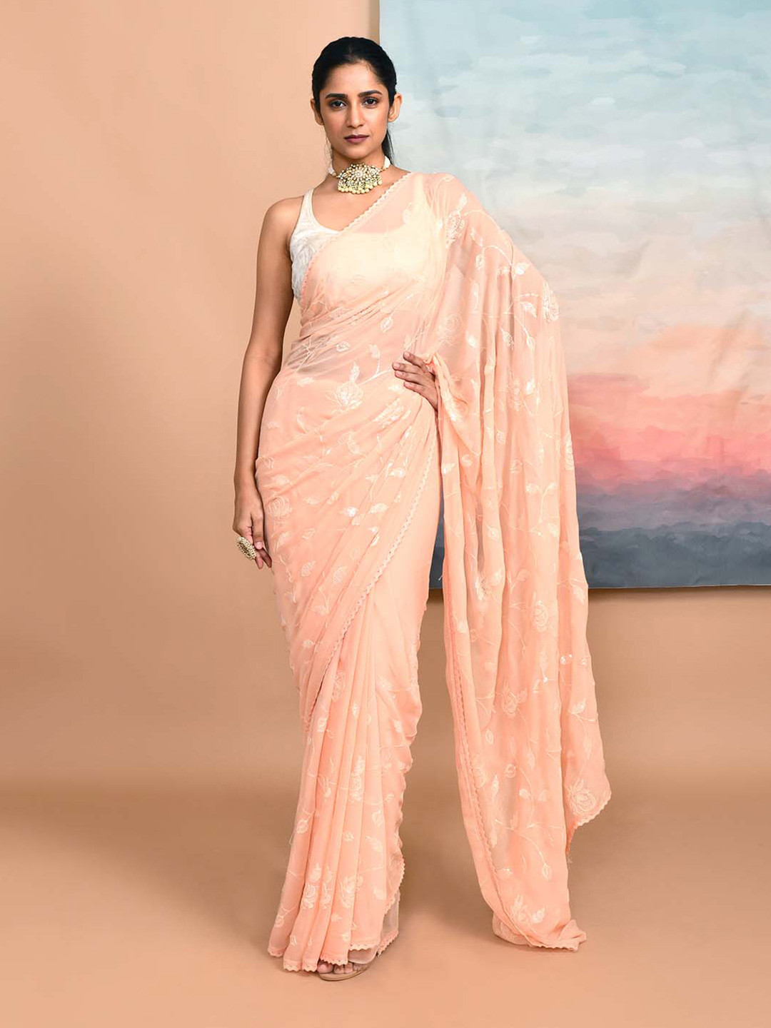 

Indethnic Floral Embellished Sequinned Heavy Work Saree, Peach