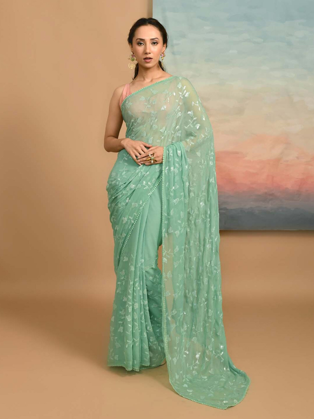 

Indethnic Floral Embellished Sequinned Heavy Work Saree, Sea green