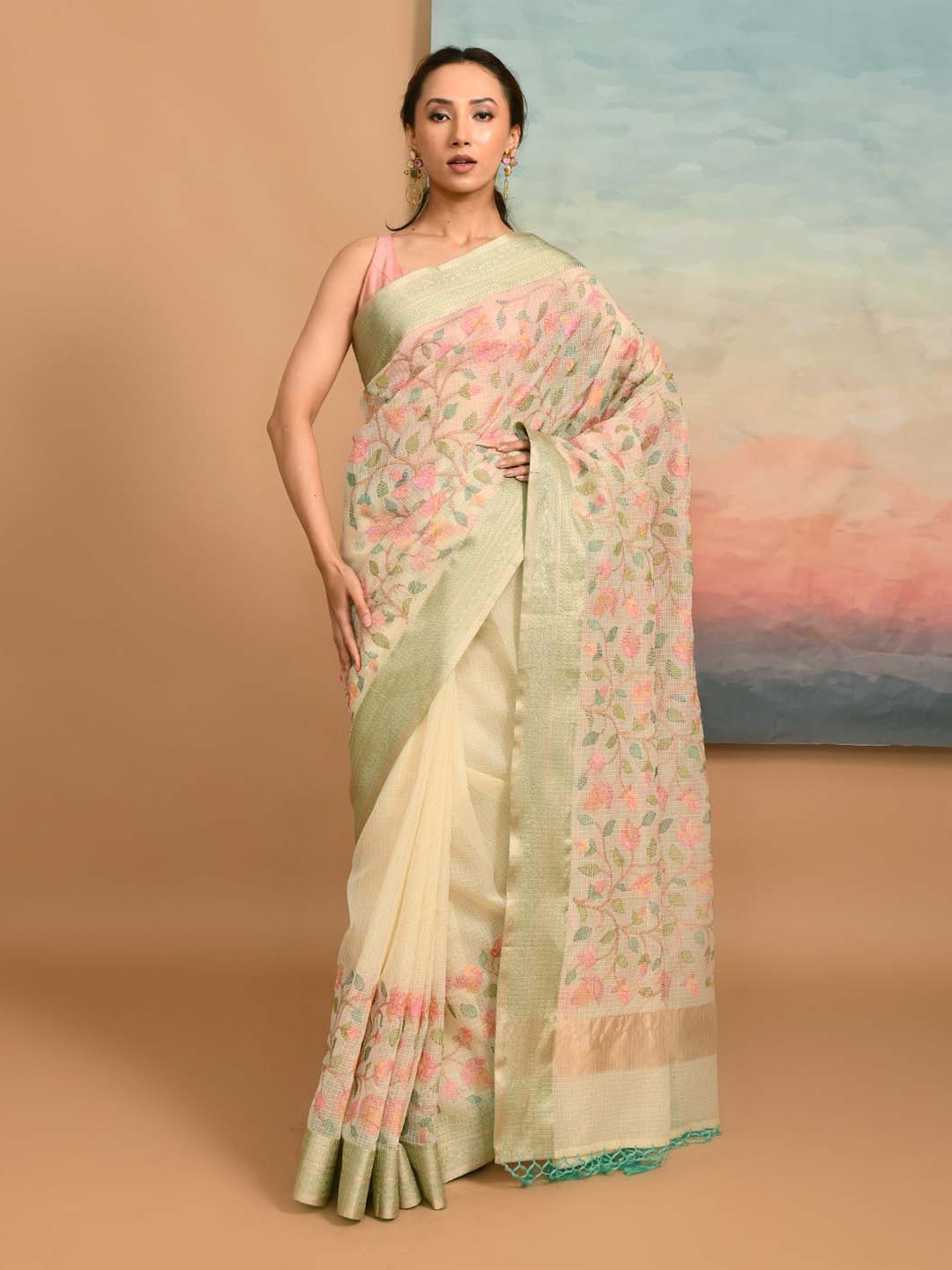 

Indethnic Floral Embroidered Supernet Heavy Work Kota Saree, White