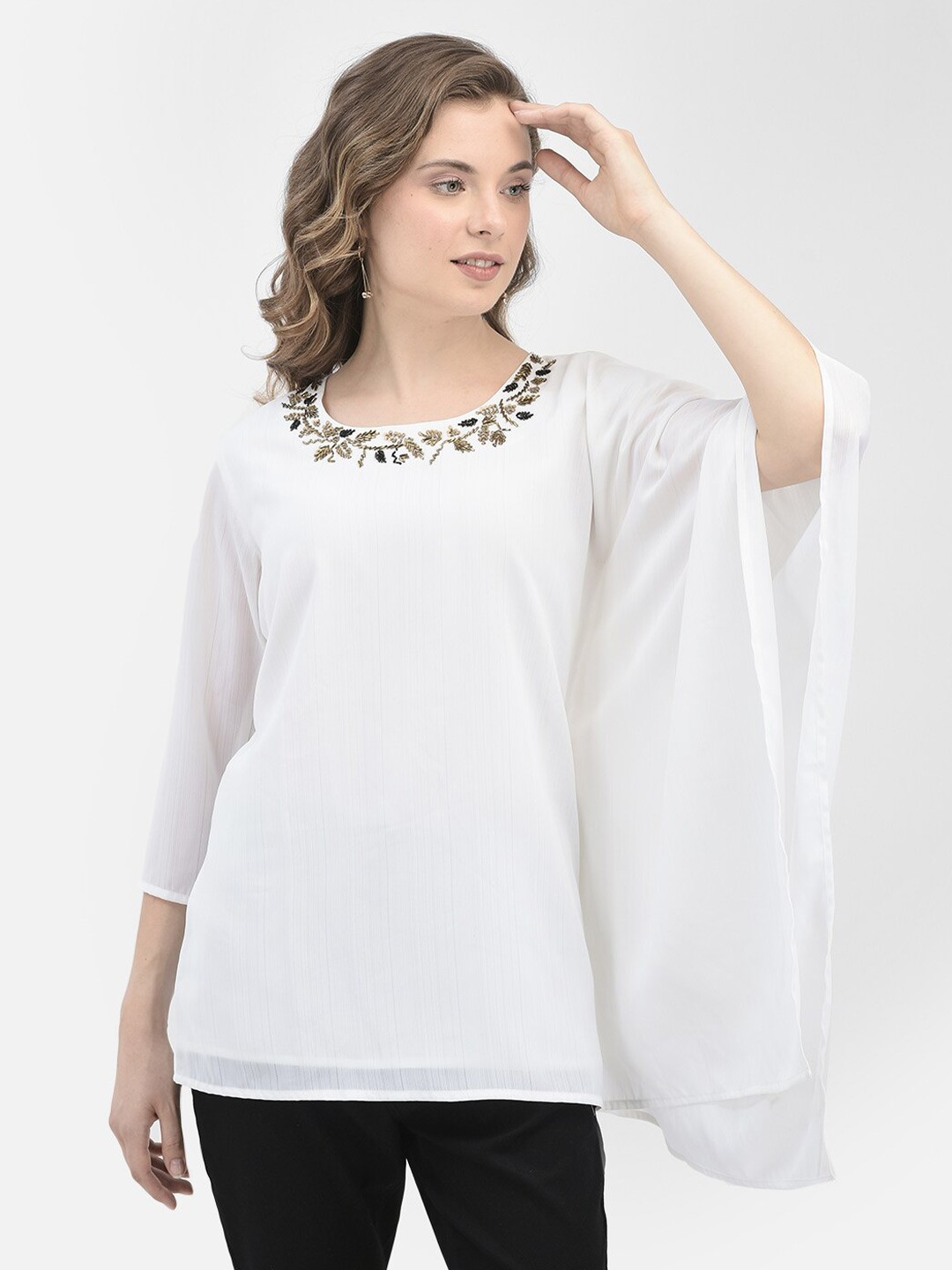 

Crimsoune Club Floral Embellished Flared Sleeves Top, White