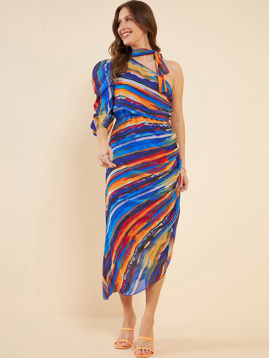 

Antheaa Blue Abstract Printed One Shoulder Puff Sleeves Ruched Georgette A-Line Midi Dress