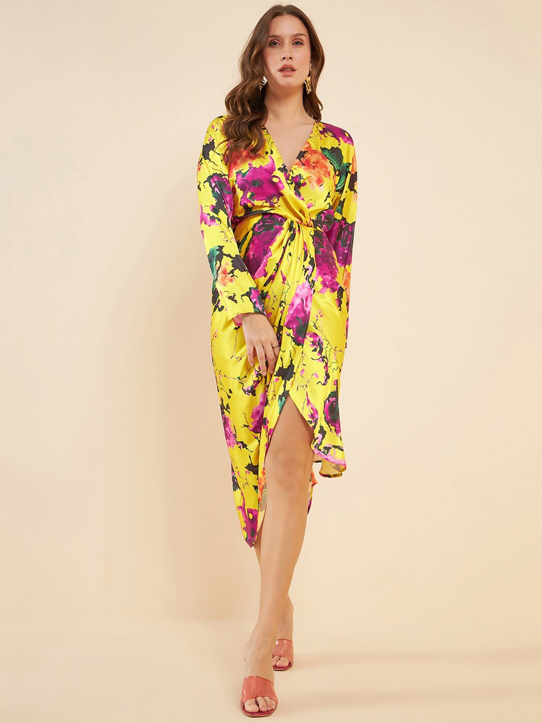 

Antheaa Floral Printed Satin Wrap Midi Dress, Yellow