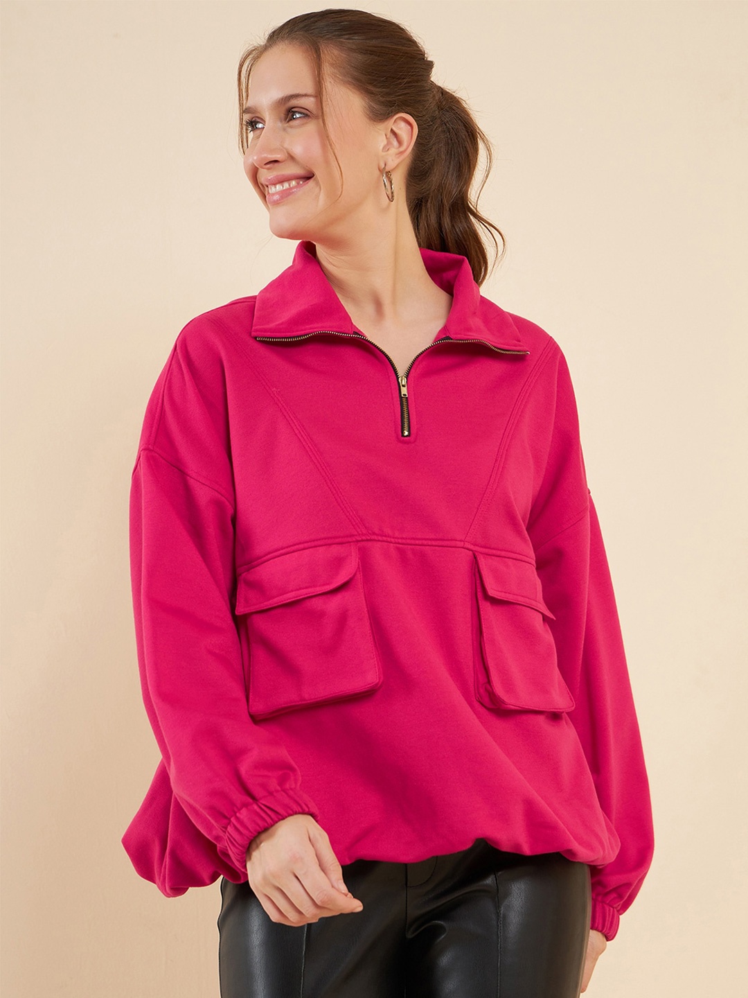 

Antheaa Pink Mock Collar Fleece Sweatshirt