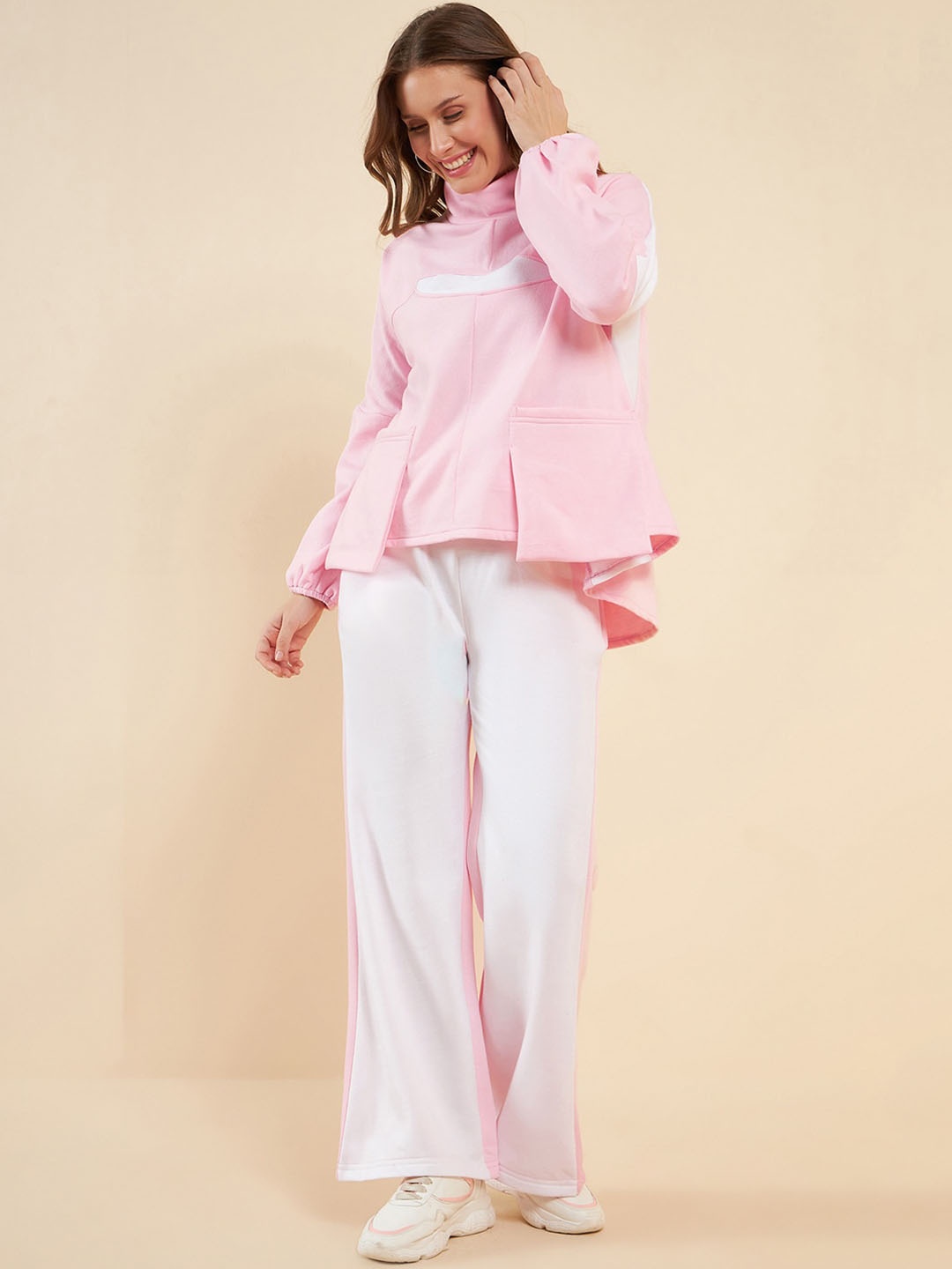 

Antheaa Pink & White Colourblocked High Neck Top & Flared Trouser