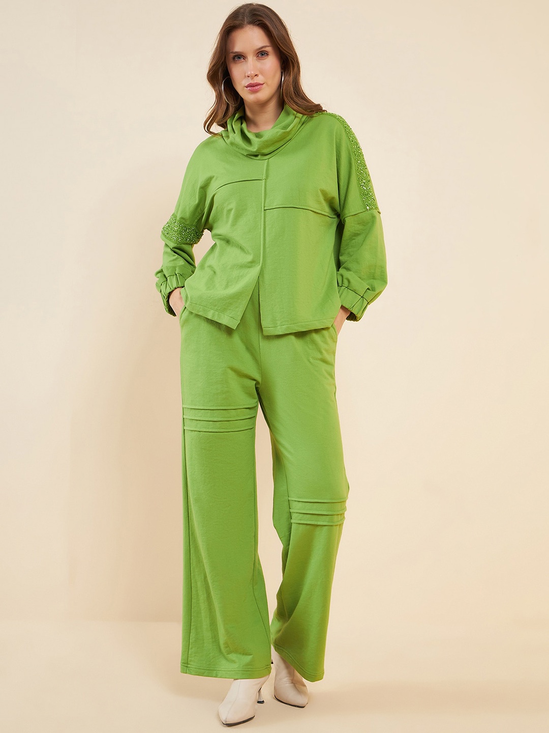 

Antheaa Green Embellished Shawl Neck Top With Palazzo