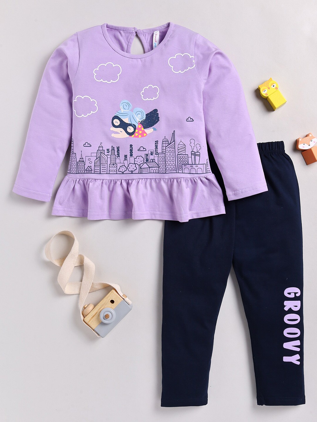 

Toonyport Girls Printed Pure Cotton Top with Trousers, Lavender