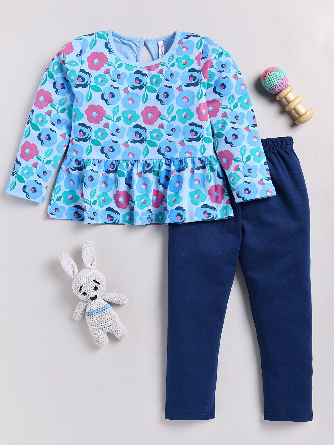 

Toonyport Girls Printed Pure Cotton Top with Trousers, Blue