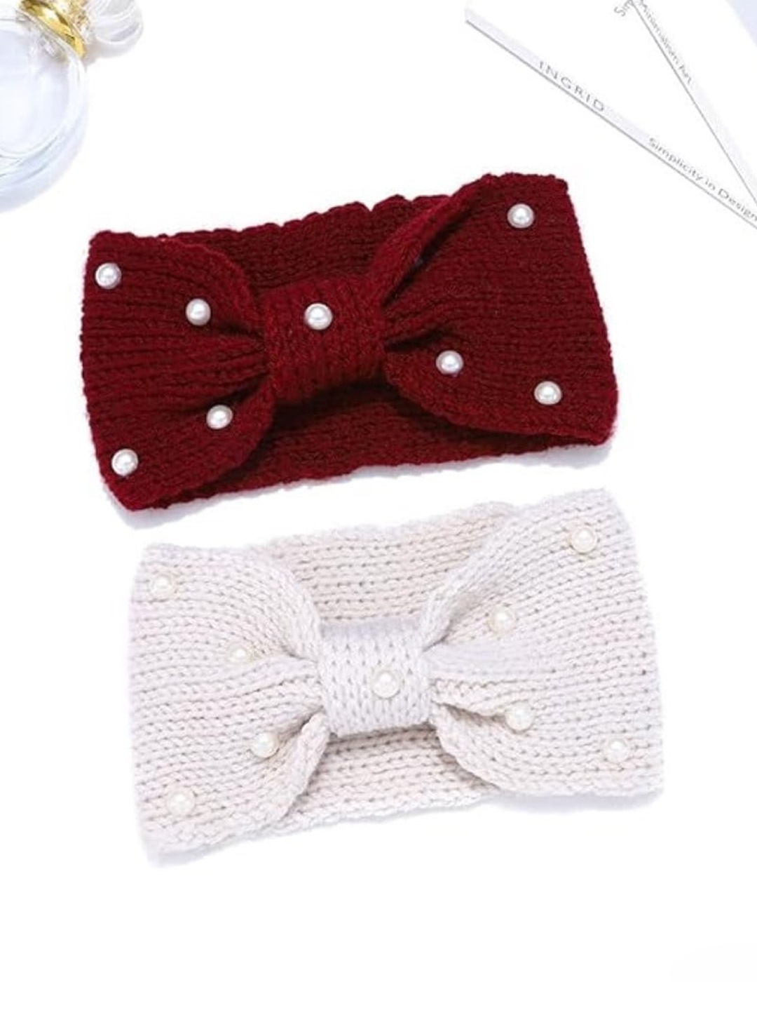 

EL REGALO Women Pack Of 2 Embellished Knitted Headbands, Cream