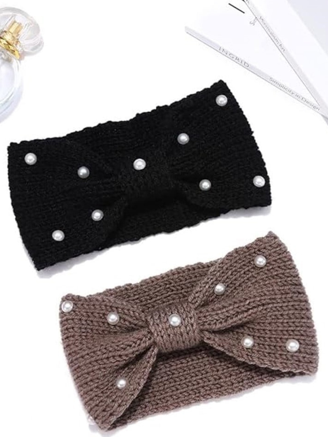 

EL REGALO Pack Of 2 Embellished Knitted Headbands, Brown