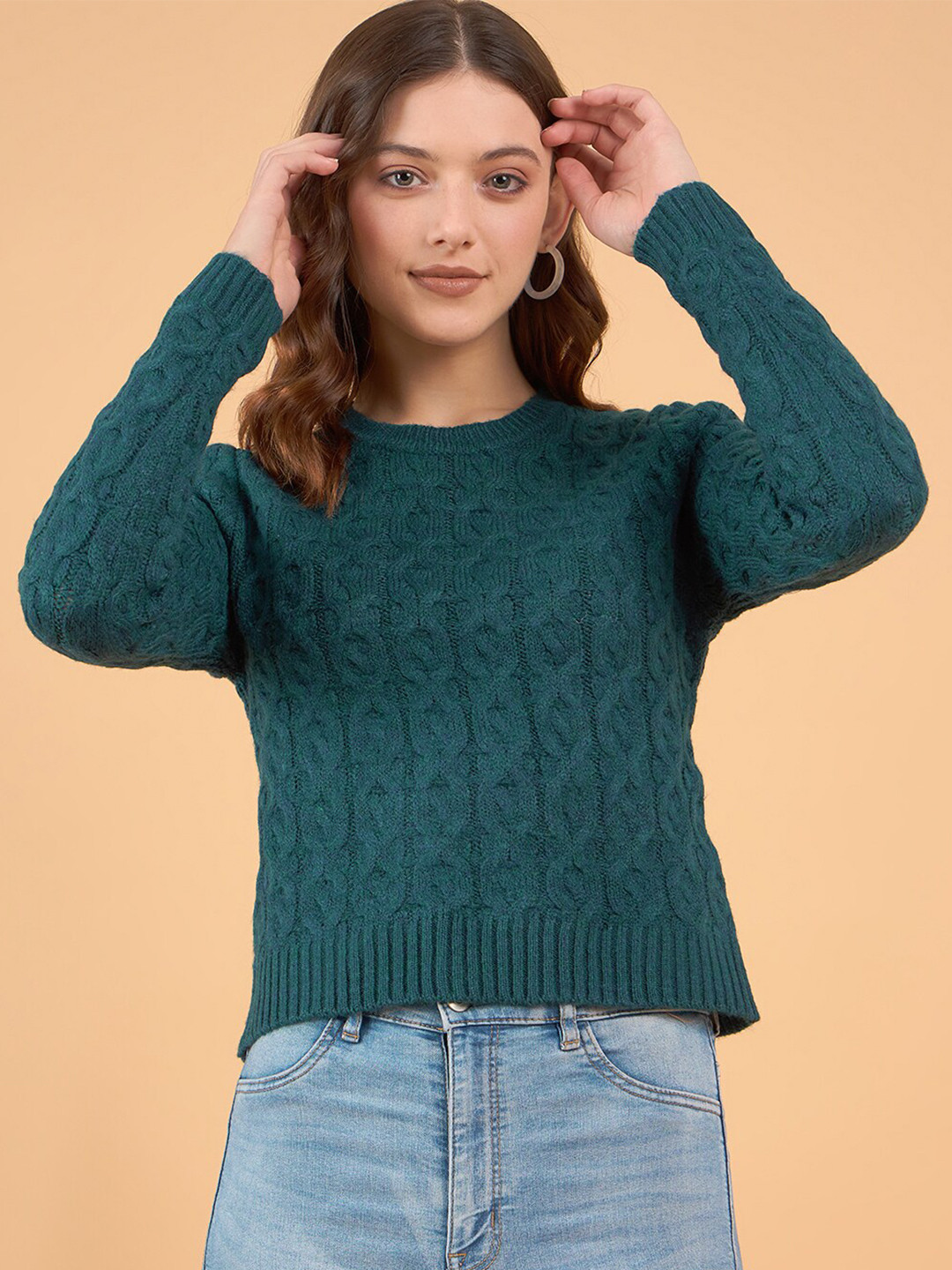 

STYLE BLUSH Self Design Cable Knit Acrylic Wool Pullover, Teal