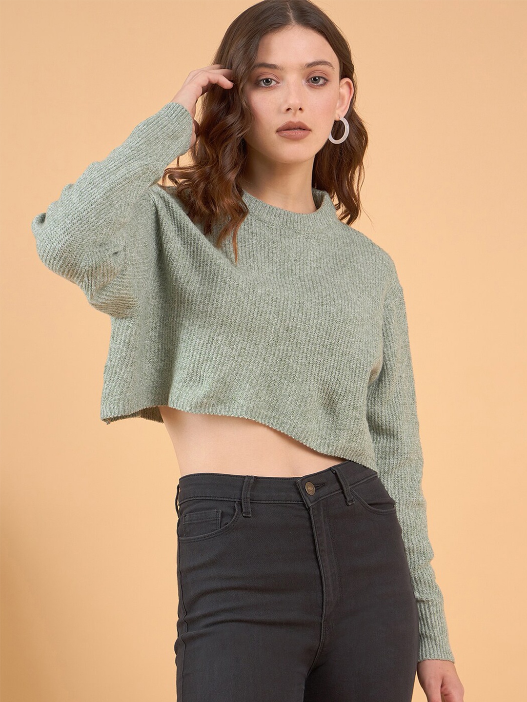 

STYLE BLUSH Ribbed Crop Acrylic Wool Pullover, Green