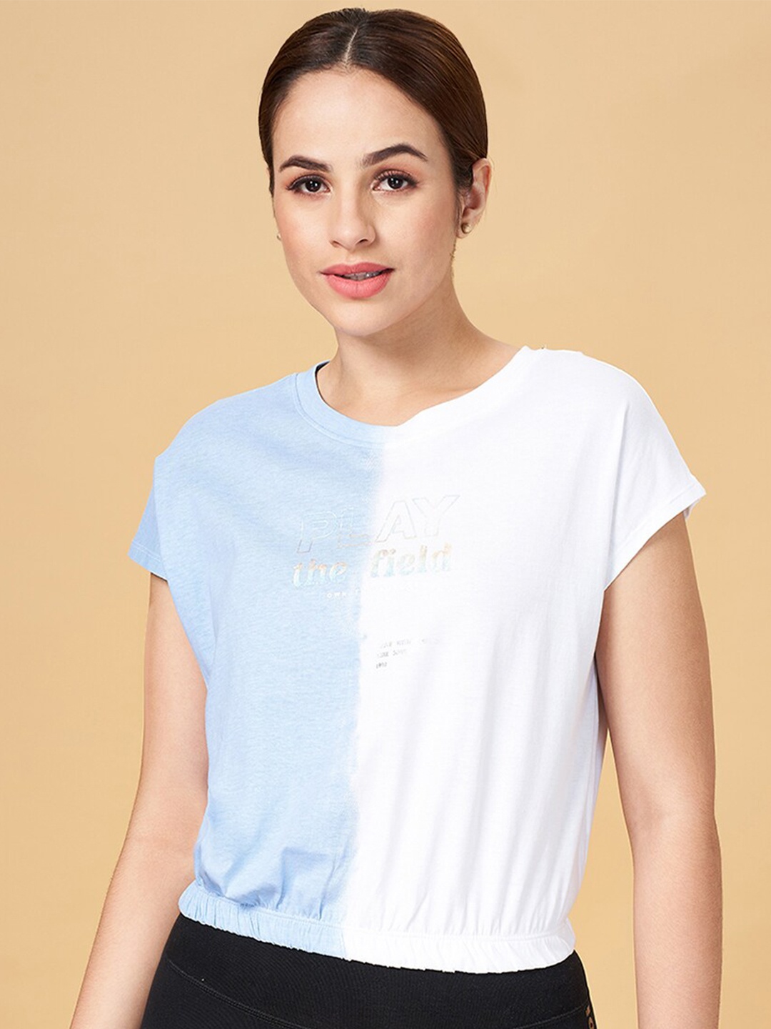 

Ajile by Pantaloons Colourblocked Cotton Relaxed Fit T-shirt, Blue