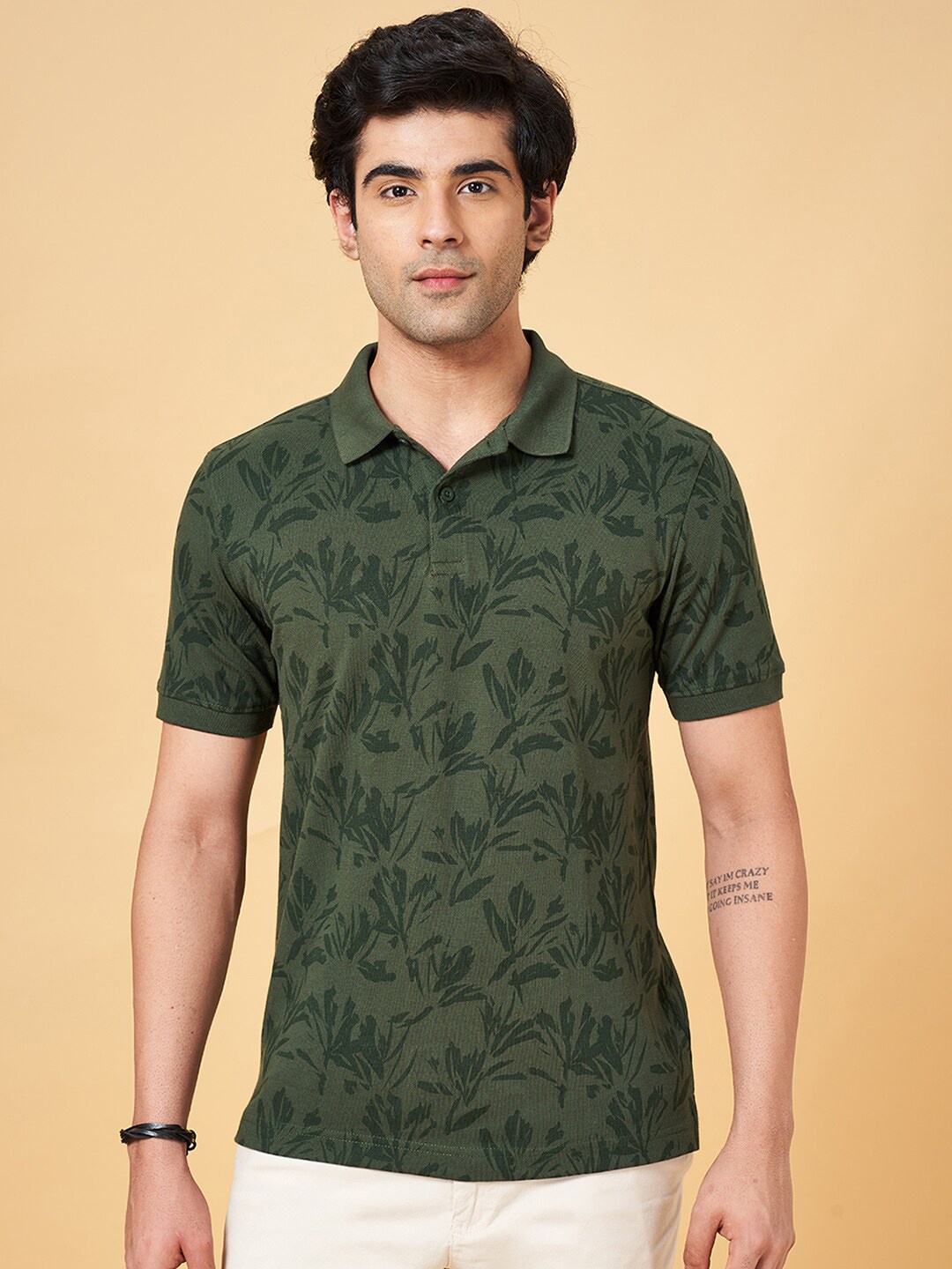 

BYFORD by Pantaloons Tropical Printed Polo Collar Slim Fit Cotton T-shirt, Olive