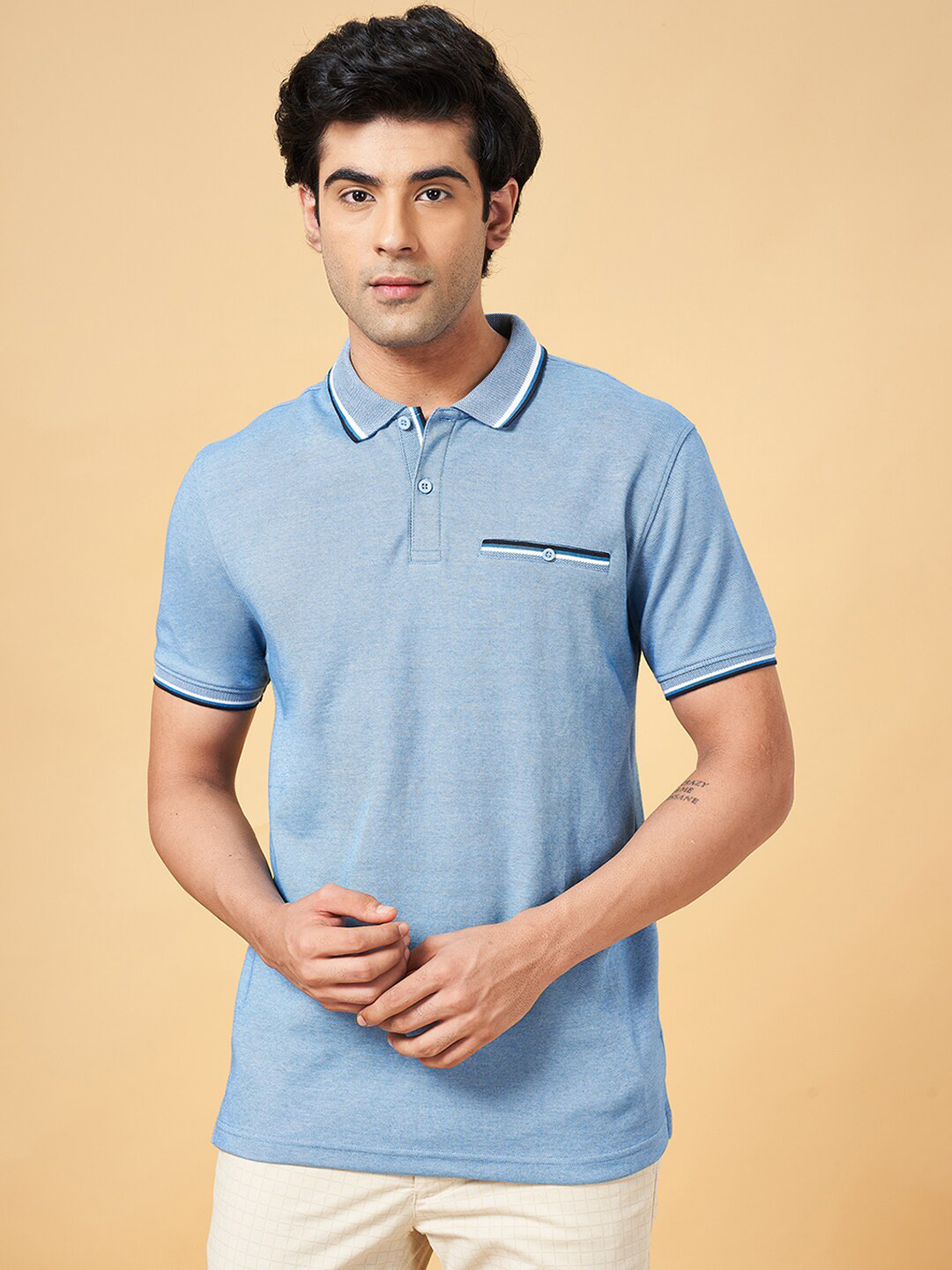

BYFORD by Pantaloons Polo Collar Slim Fit Cotton T-shirt, Blue