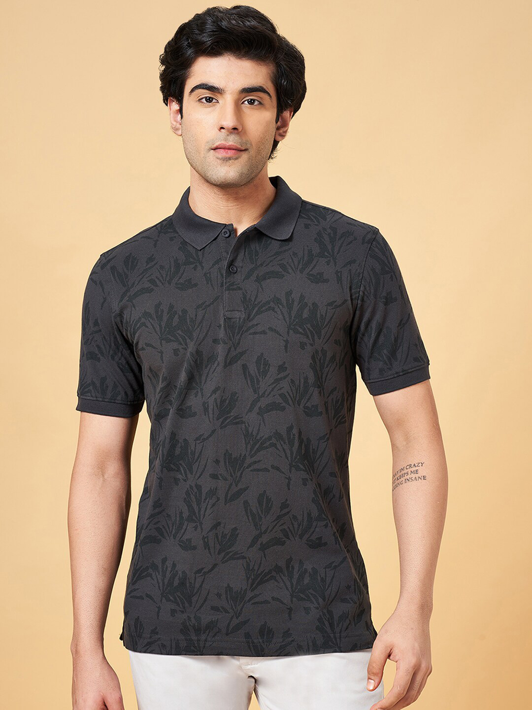 

BYFORD by Pantaloons Floral Printed Cotton Polo Collar Slim Fit T-shirt, Grey