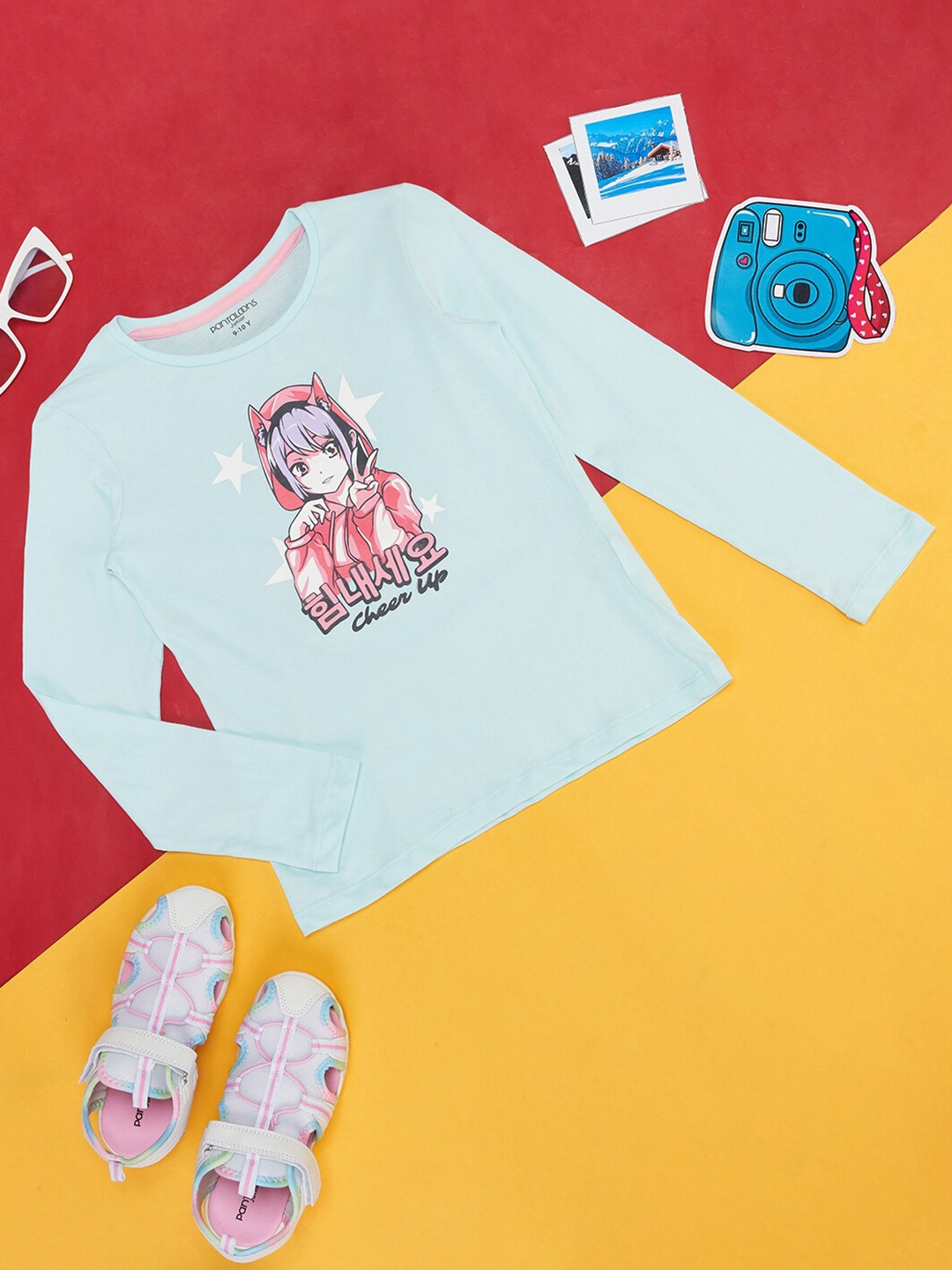 Pantaloons Junior Girls Anime Printed Cotton T-shirt, Blue