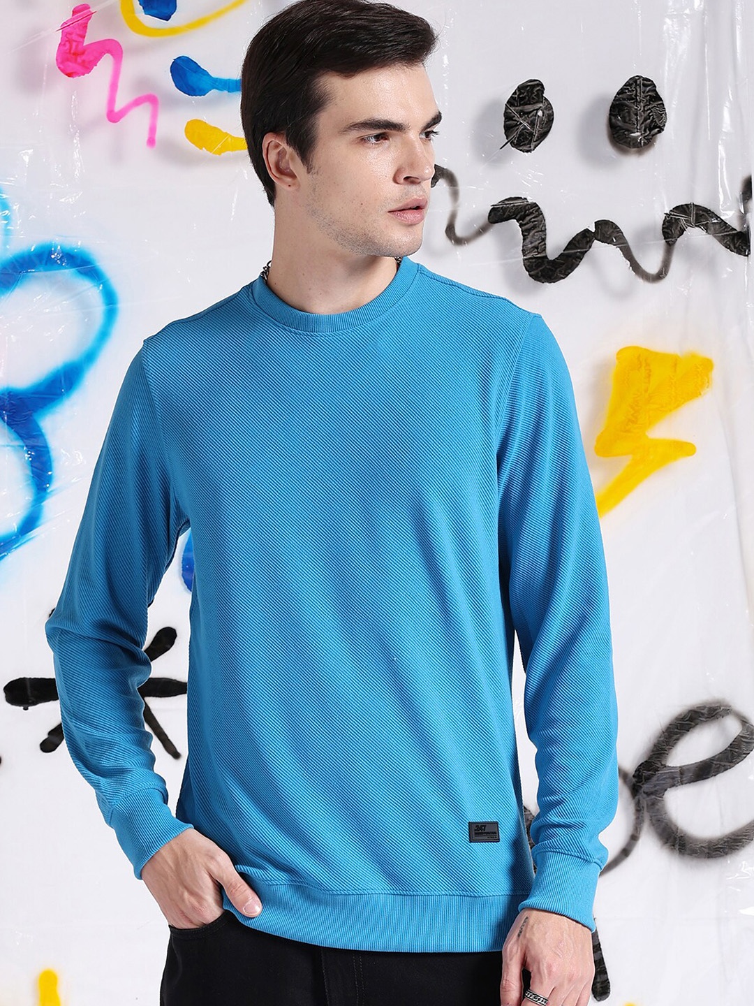 

The Indian Garage Co Self Design Textured Long Sleeve Pullover Sweatshirt, Blue