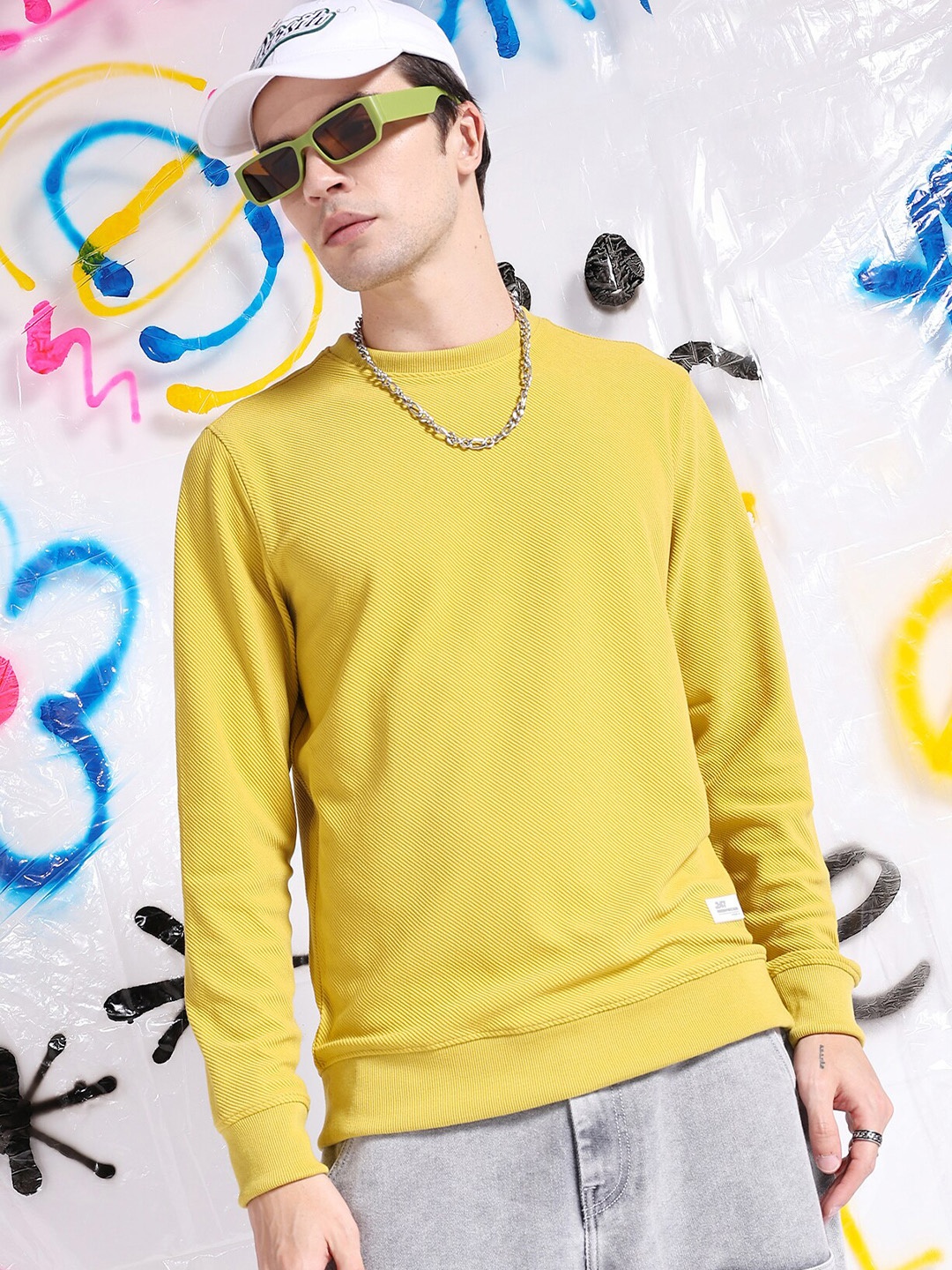 

The Indian Garage Co Self Design Textured Long Sleeve Pullover Sweatshirt, Yellow